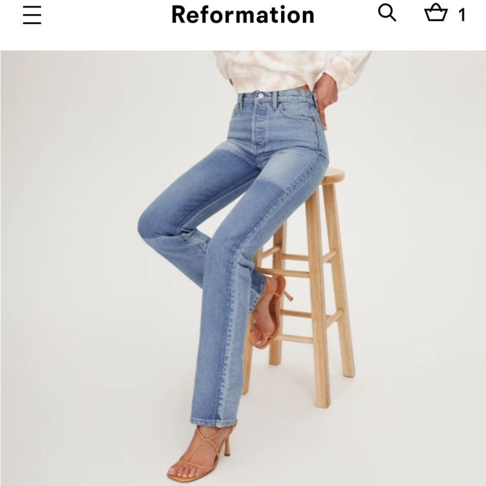 NWT Reformation Cynthia Shadow High Rise Long Jeans two tone patchwork Niagara